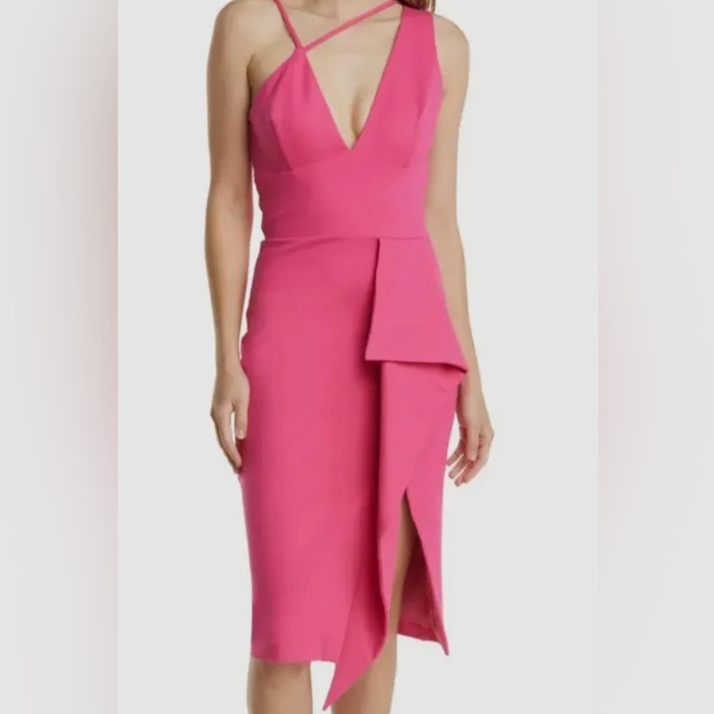 Lavish Alice Hot Pink Asymmetrical Strappy Wrap Midi Dress